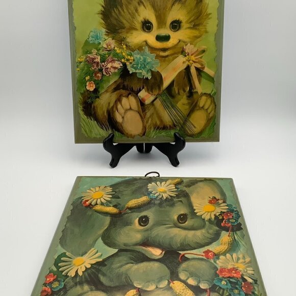 Set of 2 ~ 60's Kitsch Nursery Art Handmade Decoupage on Wood Wall Hangings 15" - Picture 2 of 10
